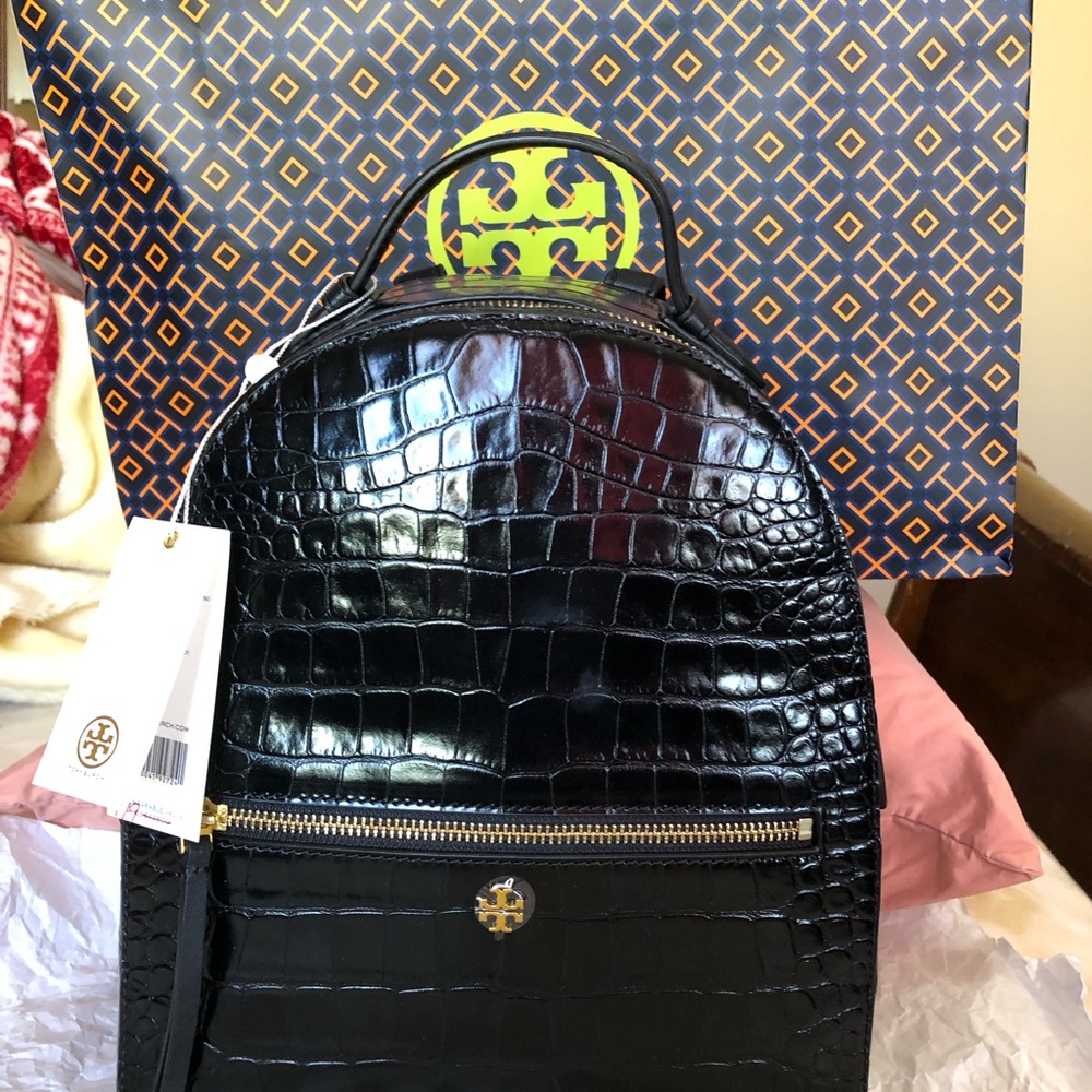 TORY BURCH Black Backpack Croc- Embossed Leather